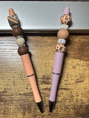 Handmade Beaded Ballpoint Pens | Soft Peach & Lavender | Coffee and Mocha Tones